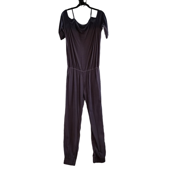 Monrow Rayon Jogger Jumpsuit 3/4 Sleeve Cold Shoulder Grey with Pockets sz Md - Picture 2 of 12